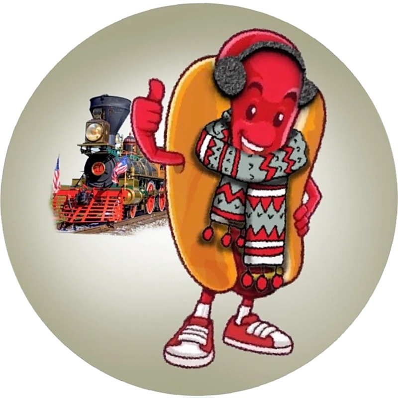 Chilly Dog Race logo: a hot dog in earmuffs and a scarf giving a thumbs-up beside a steam locomotive